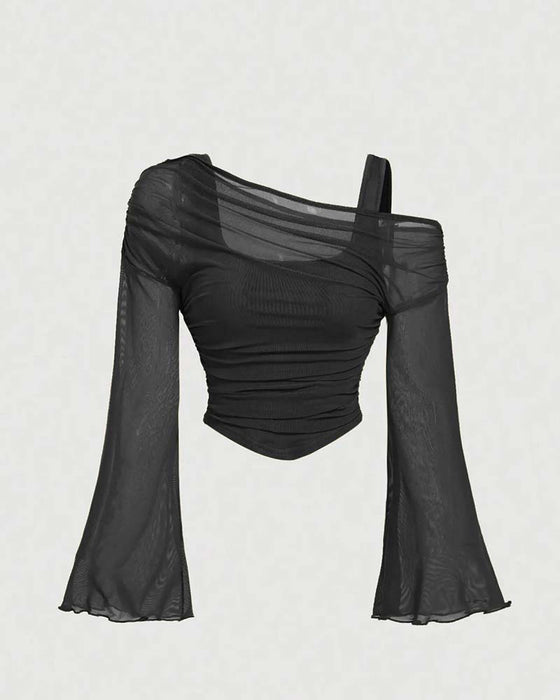 Blouse Gaas Geruwd Lange Mouw Cami