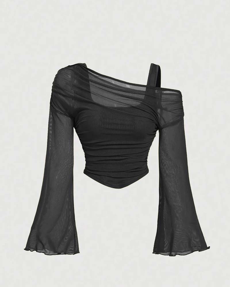 Blouse Gaas Geruwd Lange Mouw Cami