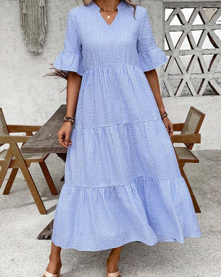 Jurk Blauw Wit Gingham V-Hals