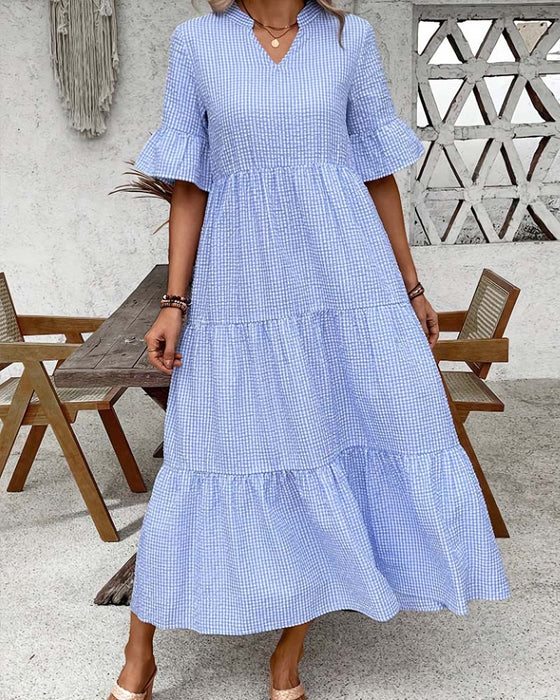 Jurk Blauw Wit Gingham V-Hals
