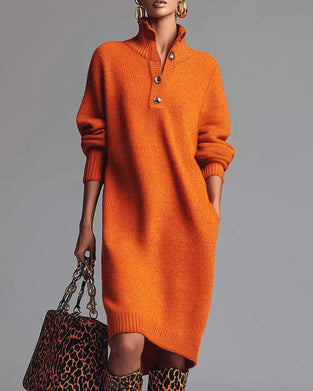 Effen Kleur Jurk Met Knopen En Hoge Hals