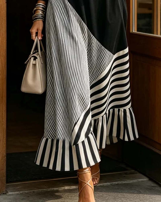 Jurk V-Hals Streep Patchwork Ruffle