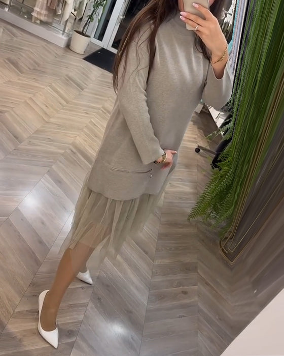 Jurk hoge kraag mesh patchwork