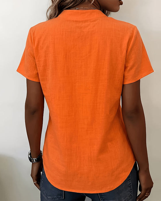 Blouse Staande Kraag Dichtknopen Korte Mouw