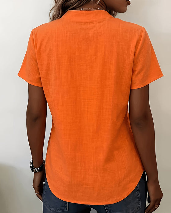 Blouse Staande Kraag Dichtknopen Korte Mouw
