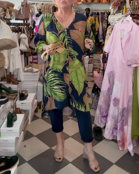 Losse Jurk Met Bladprint En V-Hals