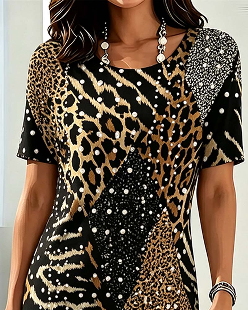 Jurk Luipaardprint Rondhals Kortmouw Patchwork
