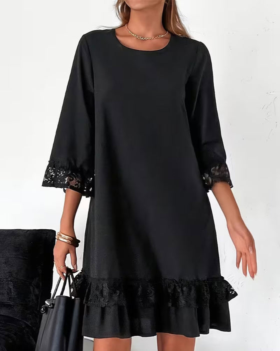 Jurk Ronde Hals Halve Mouw Kant Patchwork