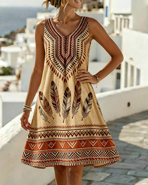 Jurk V-Hals Mouwloos Etnische Print