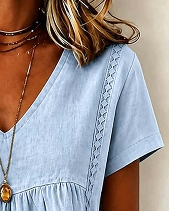 Blouse V-Hals Gerimpeld Korte Mouw