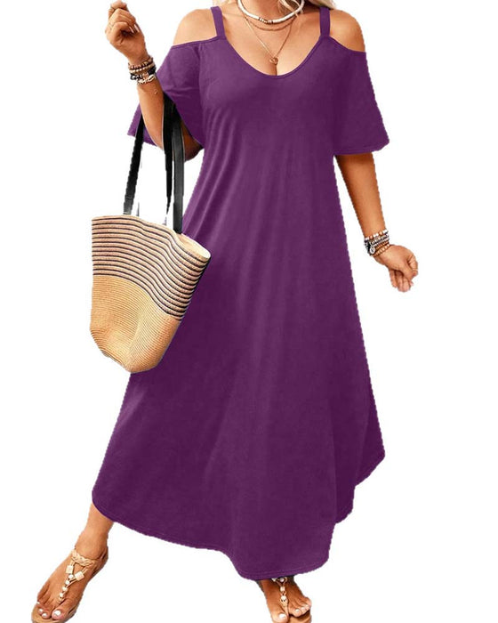 Jurk Effen V-Hals Off-Shoulder Lang