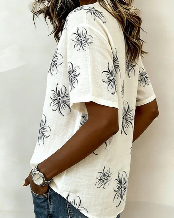 Blouse Ronde Hals Knoopsluiting Bloemen Casual