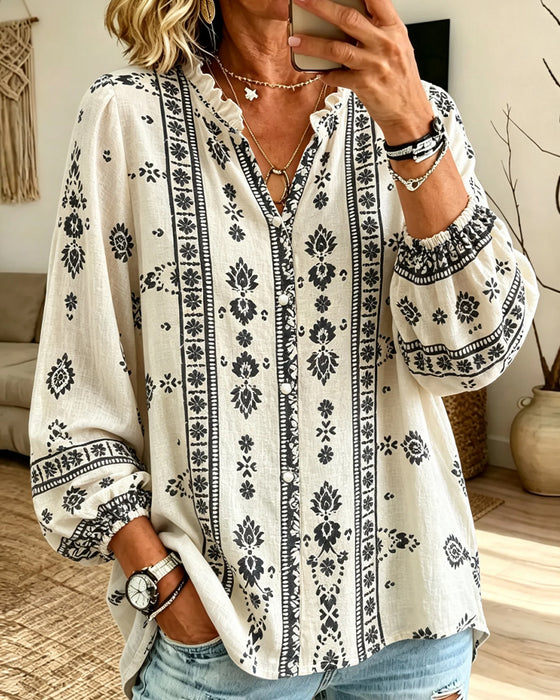 Blouse V-Hals Kant-Afzetting Puff-Mouw Print