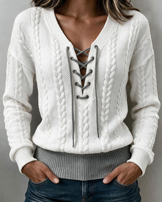 Blouse V-Hals Rijgstrook Kabelbrei Lange Mouw
