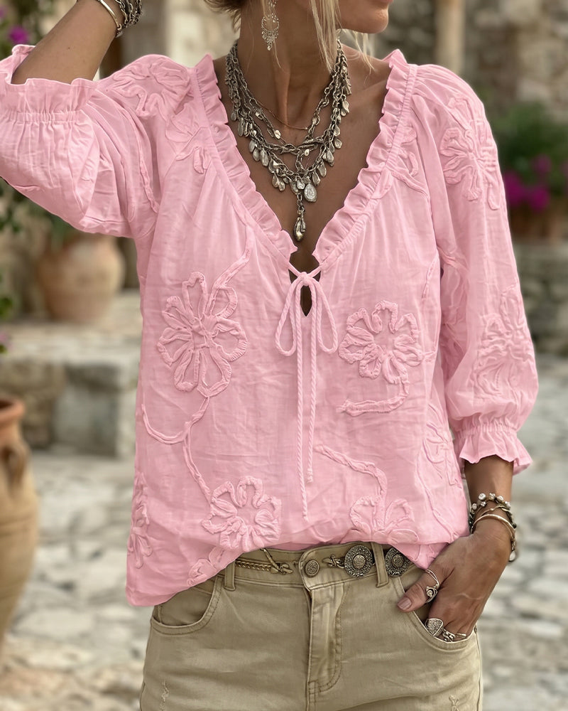 Blouse 100% Katoen V-Hals Wikkel Strik Gerafeld