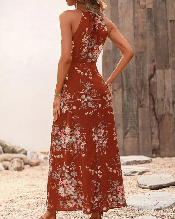 Jurk Halterneck Split Getailleerd Bloemenprint