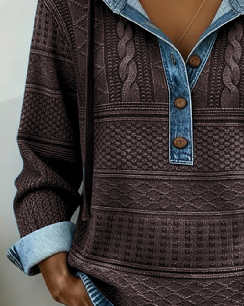 Hoodie Van Denim Met Kabelssteek En Patchworkdetails