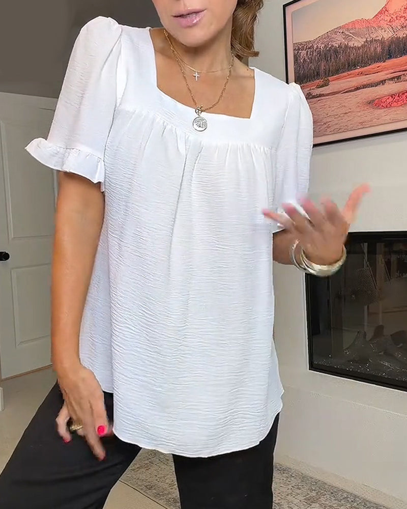 Blouse Vierkante Hals Geruwd Mouw