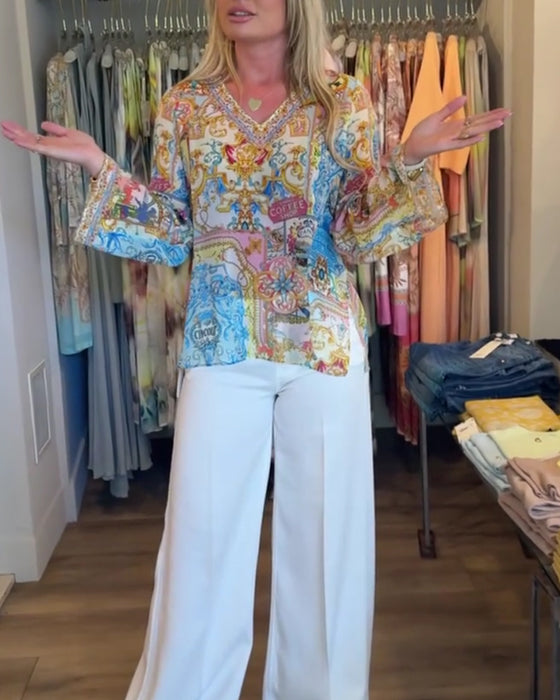 Blouse V-Hals Bohemian Print Casual