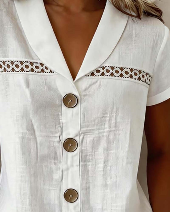 Blouse V-Hals Knoop Uitsnijding Effen