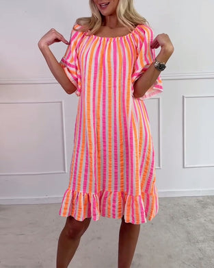 Jurk Ronde Hals Gestreept Geplooid Shift