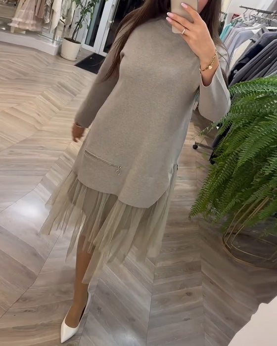 Jurk hoge kraag mesh patchwork