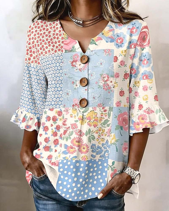 Blouse Korte Mouw Bloemenprint Patchwork