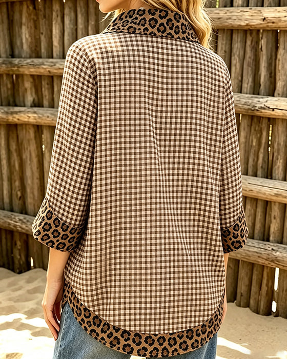 Blouse Slag Luipaard Patchwork Ruit