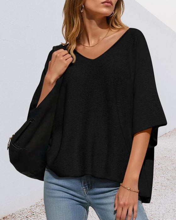 T-Shirt V-Hals Vleermuis Mouw Effen