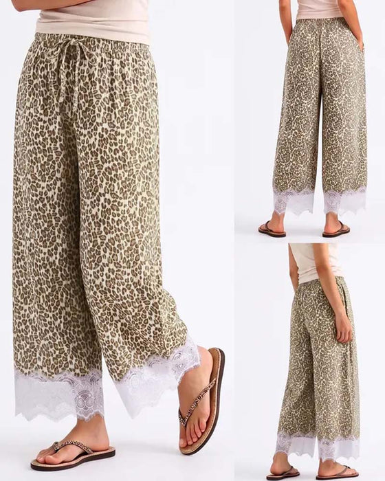 Broek Elastische Taille Luipaardprint Kant Spliced Wijde Pijp