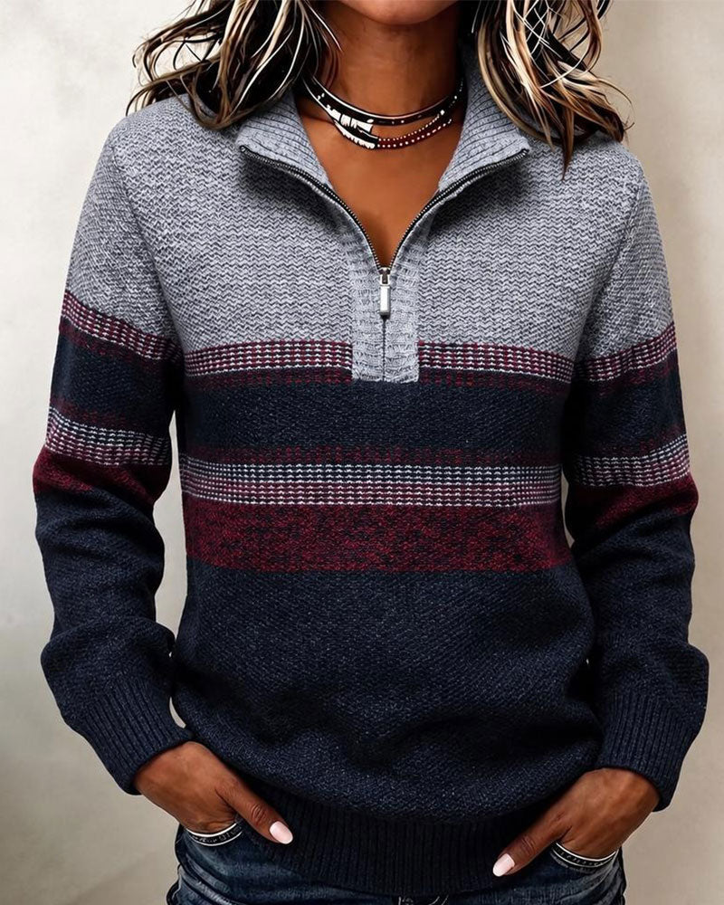 Pullover Revers Rits Gestreept Contrast
