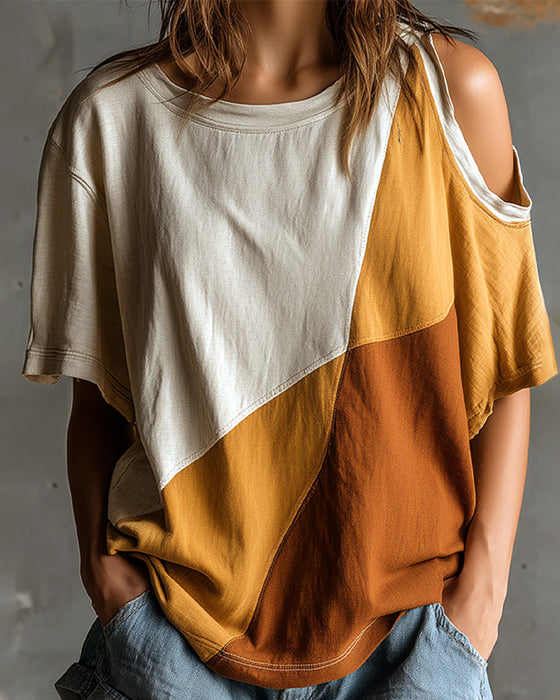 T-Shirt Kleurblok Off-Schouder Los