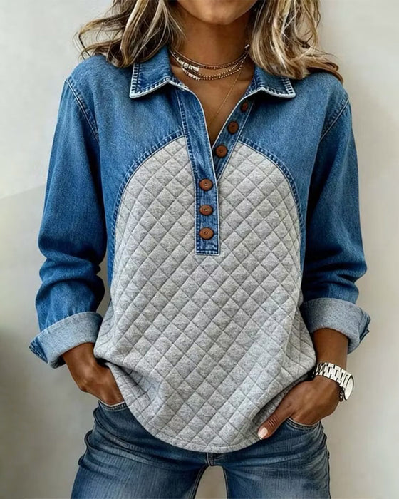 Sweatshirt Denim Patchwork Stijlvol