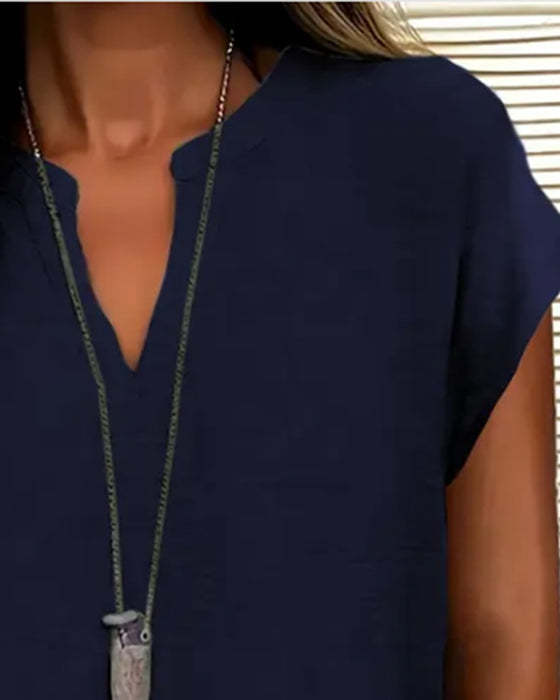 Blouse Casual Drop Schouder V-Hals Korte Mouw