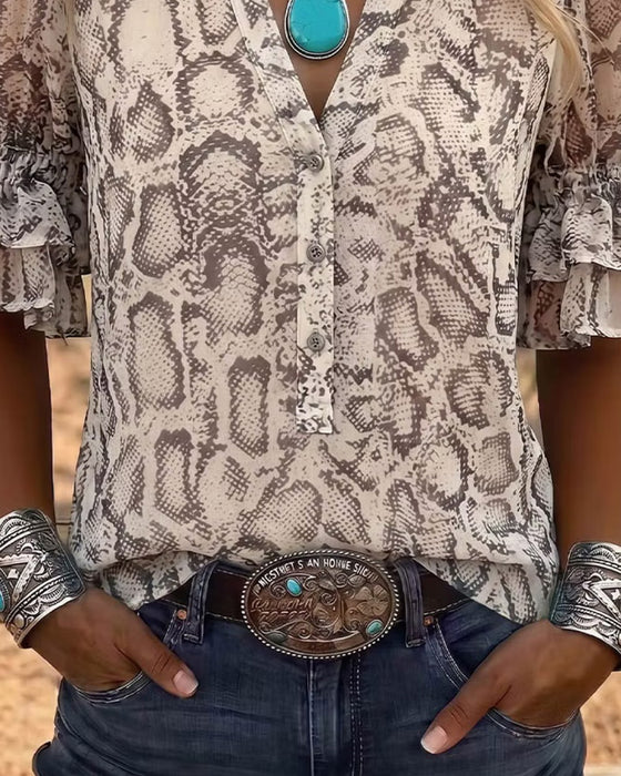Blouse Slangenhuidpatroon V-Hals Pofmouw