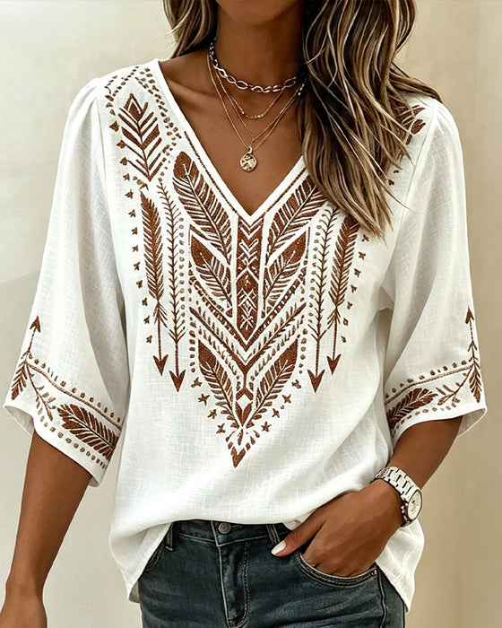 Blouse V-Hals Etnische-Print Los