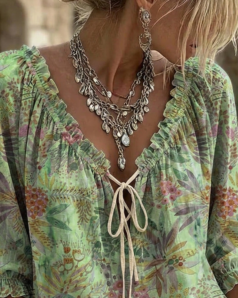 Blouse V-Hals Met Vetersluiting