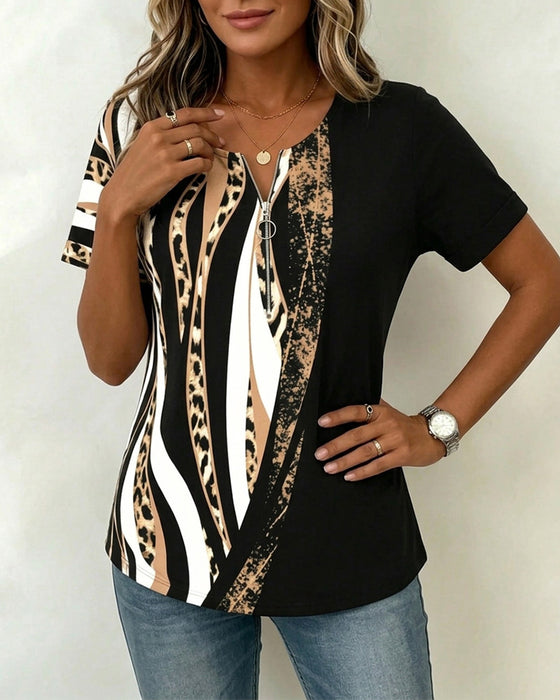 T-Shirt Rits Luipaard Print Kleurblok Casual