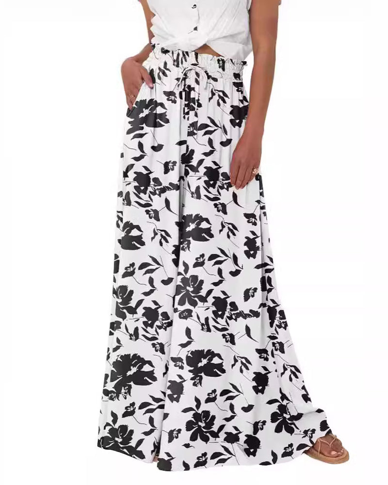 Broek Bloemen Effen Hoge Taille Wijd
