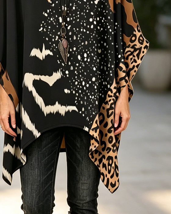 Blouse Ronde Hals Luipaardprint Pailletten Patchwork