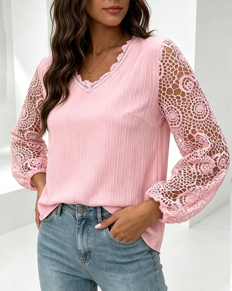 Blouse V-Hals Lantaarn Mouw Casual