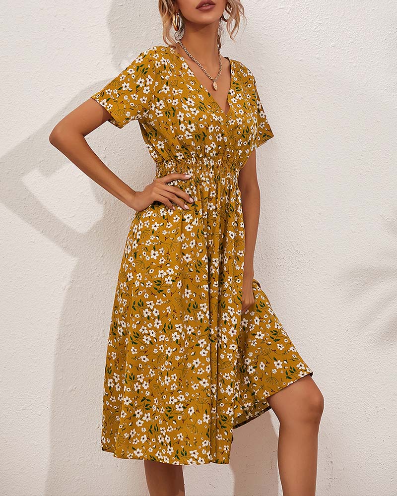 Jurk V-Hals Getailleerde Taille Bloemenprint Midi