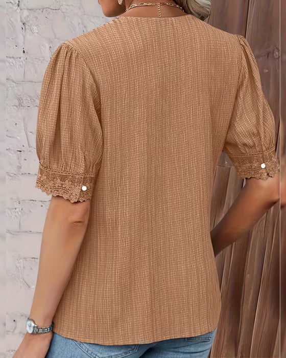 Blouse Kant Patchwork V-Hals Pof Mouw