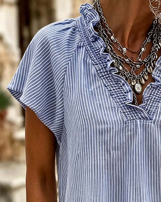 Blouse V-Hals Streep Ruffle