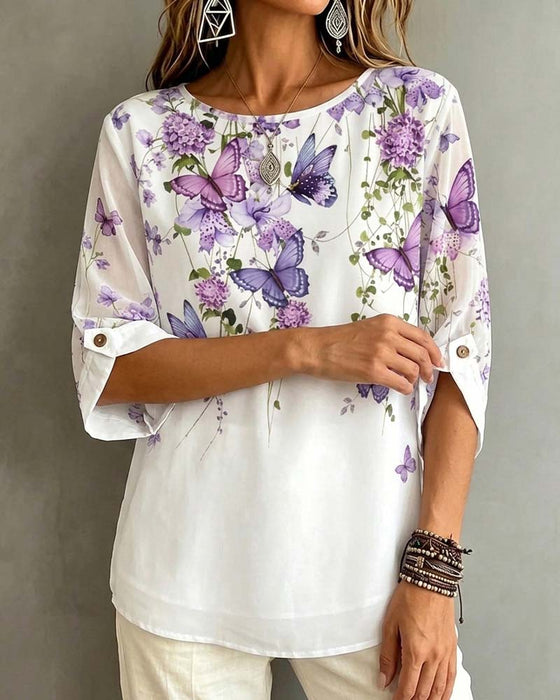 Blouse Rondhals Vlinder Bloemen