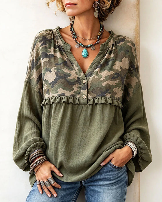 Top Camo Patchwork Ruche Rand V-Hals