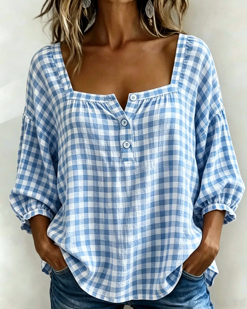 Blouse Vierkante Hals Knoopsluiting Ruit