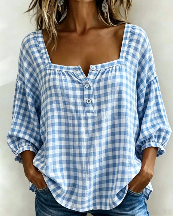 Blouse Vierkante Hals Knoopsluiting Ruit