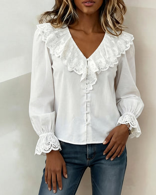 Blouse V-Hals Kant Rand Enkelrijg