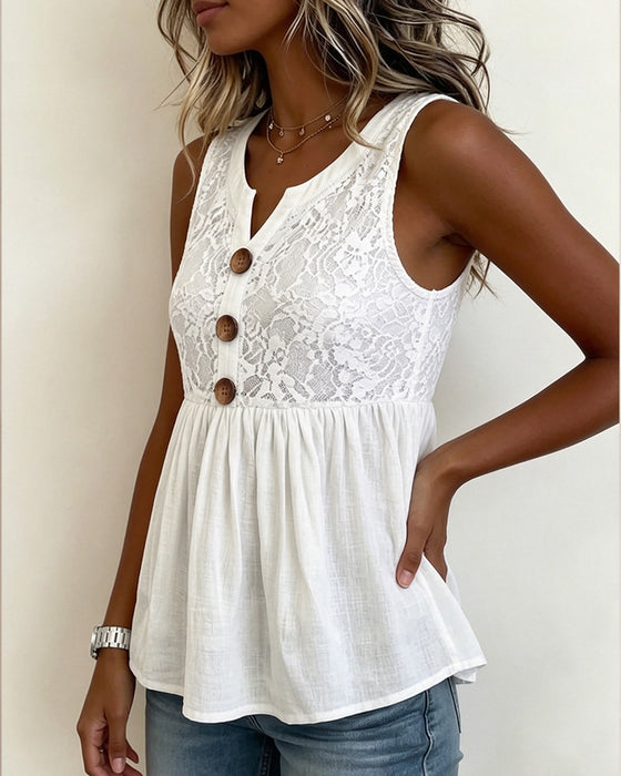 Top V‑Hals Knopen Kant‑Paneel Effen